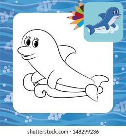 Cartoon dolphin. Coloring page. Vector illustration