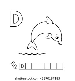 Cartoon dolphin coloring pages. Learning game for small children - write a word in English language. Vector alphabet for kids