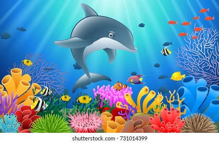 Cartoon dolphin with Coral Reef Underwater in Ocean. Vector illustration