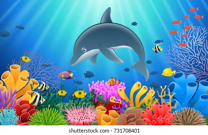 Cartoon dolphin with Coral Reef Underwater in Ocean. Vector illustration