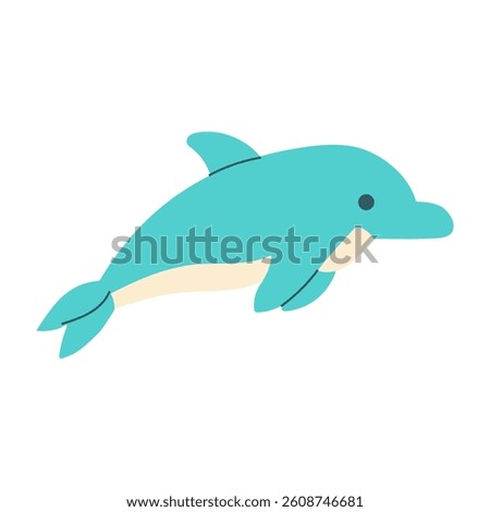 A cartoon dolphin is flying through the air. The dolphin is blue and white. The background is white