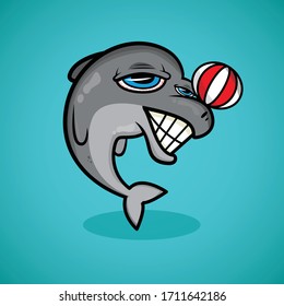 Cartoon Dolphin funny on sea color. Vector of dolphin 