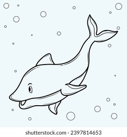 Cartoon dolphin illustration with bubbles on a simple background, suitable for children designs