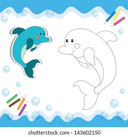 Cartoon dolphin isolated on white. Coloring book. Vector illustration.