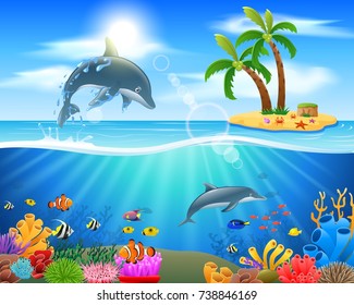 Cartoon dolphin jumping in blue ocean background. vector illustration