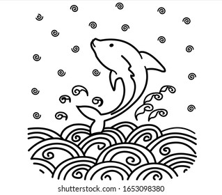 Cartoon Dolphin Jumping the Sea Waves, Outline illustration vector of dolphin icon on white background
