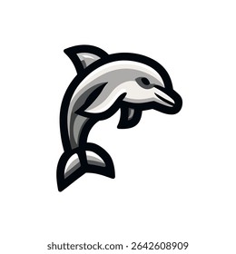 Cartoon dolphin jumps dynamically on white background isolated