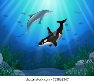 Cartoon dolphin with killer whale Coral Reef Underwater in Ocean. Vector illustration