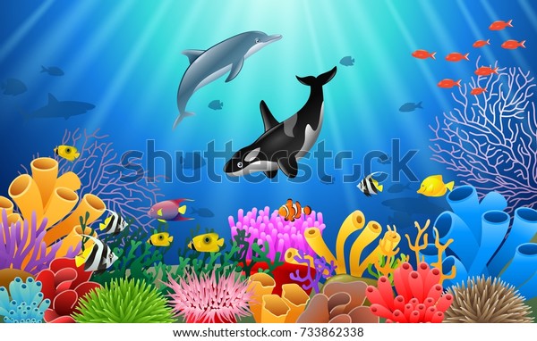 Digital wall painting of a cartoon dolphin with killer whale coral reef underwater in Ocean.