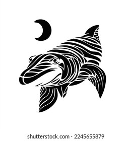 Cartoon Dolphin logo design vector icon symbol illustration. A fish with a crescent on its head and a crescent on its back, in black and white, on a white background
