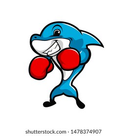 Cartoon dolphin mascot with boxxing gloves ready to fight