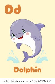 Cartoon dolphin on educational flash card with letter D. ABC card for kids . Perfect for early learning and alphabet recognition activities. Vector illustration.