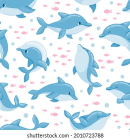 Cartoon dolphin seamless pattern. Cute baby marine print with ocean animal, fish. Dolphins swim and jump. Sea whale dolphin vector. Pattern texture seamless, character marine dolphin illustration