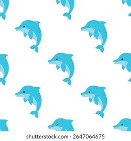 cartoon dolphin seamless pattern, cute baby marine print with ocean animal, fish, flat style