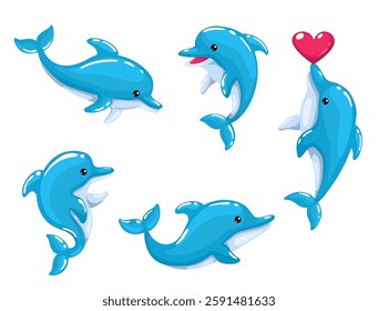 Cartoon dolphin set. Vector illustration. Isolated on white.