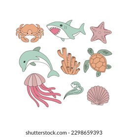 Cartoon dolphin, shark, crab, starfish, sea turtle, jellyfish, coral, shell, wave vector clip-art set isolated on white. Underwater creatures illustration collection. Ocean sea life summer vacation