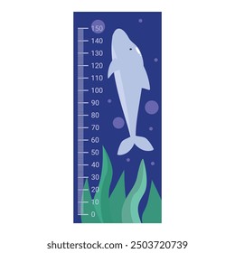 Cartoon dolphin swimming upwards on a height chart to measure growth in children