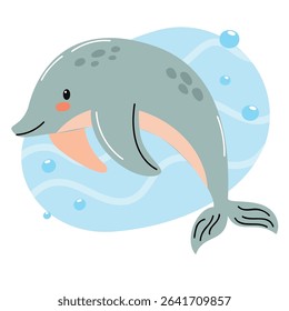 A cartoon dolphin swims playfully in blue water. The dolphin has a light gray body with darker spots and a cheerful expression. Bubbles surround it.