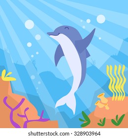 Cartoon Dolphin Underwater Deep Ocean Bottom Coral Reef Colorful Flat Retro Vector Illustration