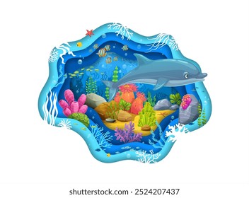 Cartoon dolphin at underwater paper cut landscape. Vector wavy frame with 3d layered papercut effect. Mesmerizing sea bottom with seaweeds and marine animals showcases tranquility of the ocean depth