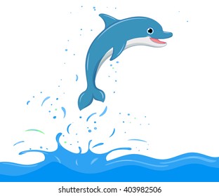 Cartoon dolphin in water. Vector illustration.