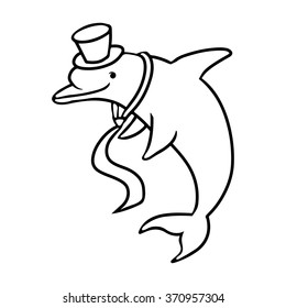 Cartoon dolphin wearing in cylinder hat and tie. Coloring black and white.