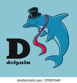 Cartoon dolphin wearing in cylinder hat and tie. Letter d. Part of animals alphabet.