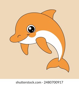 A cartoon dolphin with a white belly and orange body. The dolphin has a cute, curious expression