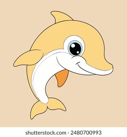 A cartoon dolphin with a white belly and orange body. The dolphin has a cute, curious expression