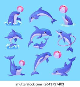 Cartoon dolphins. Cute dolphin happy characters, sea fish under water animal swim jump play ball in dolphinarium aquarium underwater pool aquatic park, swanky vector illustration original artwork