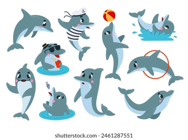 Delfines de dibujos animados. Delfín divertido actuando y haciendo trucos. Animales submarinos en diferentes poses y emociones, personajes marinos de Vector con clase