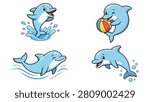 Cartoon dolphins playing with ball and jumping in water