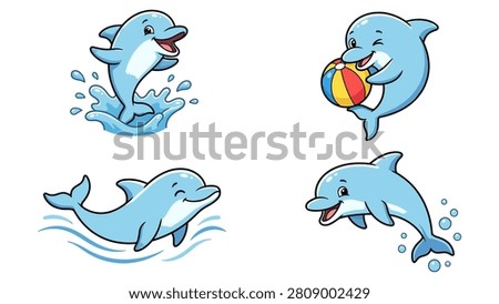 Cartoon dolphins playing with ball and jumping in water
