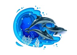 Cartoon Dolphins And Sea Paper Cut Landscape. Sea Nature, Underwater Deep Life, Environmental And Animal Day Papercut Vector Background. Aquatic Bottom 3d Concept With Dolphins Swimming In Ocean Deep
