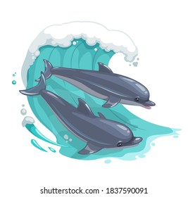Delfines de dibujos animados en ola marina. Criaturas vectoriales oceánicas jugando y saltando en agua azul salpicada aisladas en fondo blanco. Par de delfines, animales acuáticos de mamíferos submarinos, vida natural marina