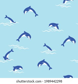 cartoon dolphins swimming and jumping in the water among the waves, seamless vector pattern