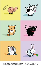 Cartoon domestic animals and pets with mouse, dog, ginger cat, black cat, rabbit and rabbit eating carrot icons on colorful backgrounds