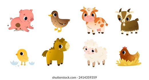 Cartoon domestic animals set for children. Vector cute farm animals collection for kids.