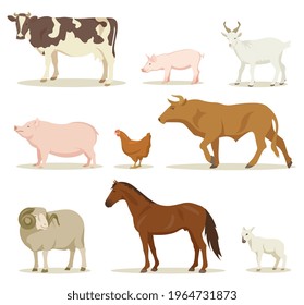 Cartoon domestic animals vector illustrations set. Collection of farm animals, hen, horse, sheep, goat, pig, cow, bull isolated on white background. Domestic animals, pets, farming, concept