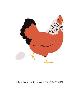 Cartoon domestic chicken. Cute hen with egg, farm poultry character organic eco food concept. Vector flat illustration