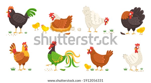 Cartoon domestic chicken. Funny different roosters\
and mother hens various breed with small chicks, colorful easter\
color birds collection, egg shell and nest. Cute farm animals\
vector isolated set