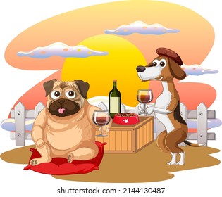 Cartoon domestic dogs sipping wine illustration