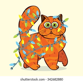 Cartoon domestic fluffy cat caught in christmas garlands. Funny vector holiday illustration. 