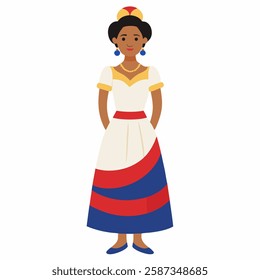  cartoon Dominican woman in traditional clothing. Latin American culture.Suitable for children's books, sticker,t shirt design, mascot, logo.Isolated on white background. Front view. Vector 