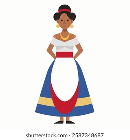  cartoon Dominican woman in traditional clothing. Latin American culture.Suitable for children's books, sticker,t shirt design, mascot, logo.Isolated on white background. Front view. Vector 