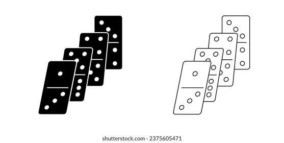 Cartoon Domino Fliesen. Klassische Dominosteine, Piktogramm des Domino. Spielen, Teile des Spiels volle Knochen Kacheln. Schwarz-Weiß-Domino. Flaches Vektorset. 28 Stück. Weißer Stechchip für das Spielen an Bord. 