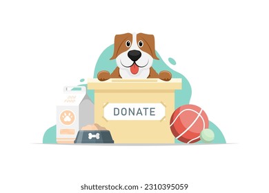 Cartoon donate food and equipment for stray dog, Vector illustration.