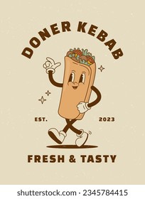 Cartoon doner kebab character in retro 70s style. Turkish food vector illustration. Vintage pita, gyros mascot poster. Nostalgia 60s, 1970s, 80s