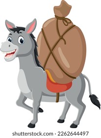 Cartoon donkey carries a heavy big bag