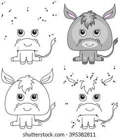 Cartoon donkey. Coloring book and dot to dot educational game for kids